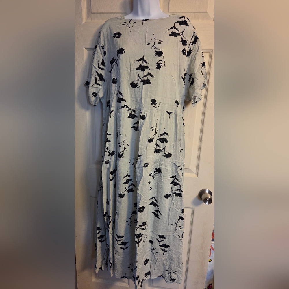 Floral Print Women's Dress - Mint and White 2XL